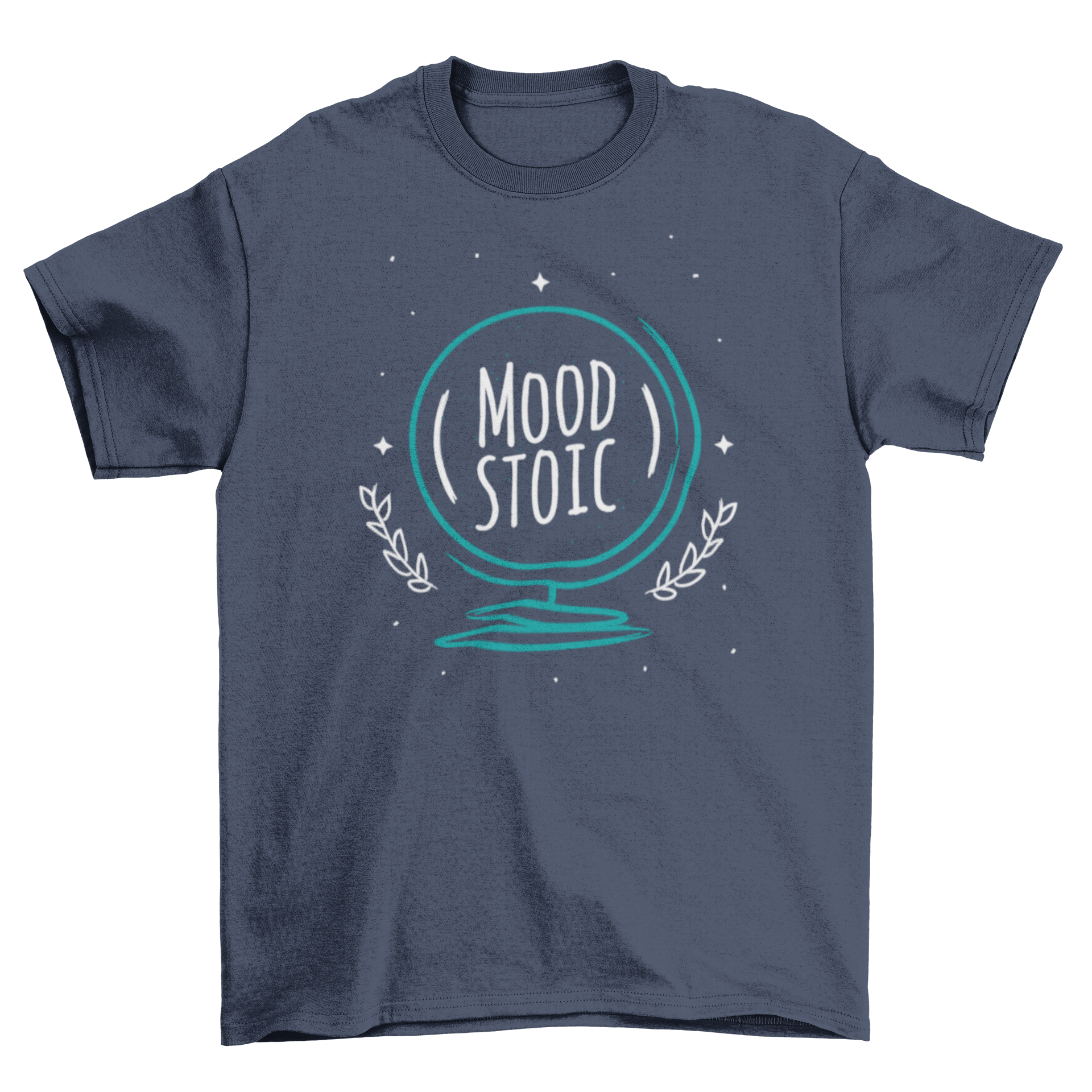 Stylish t-shirt featuring globe line art and the quote 'Mood Stoic' for a modern look.