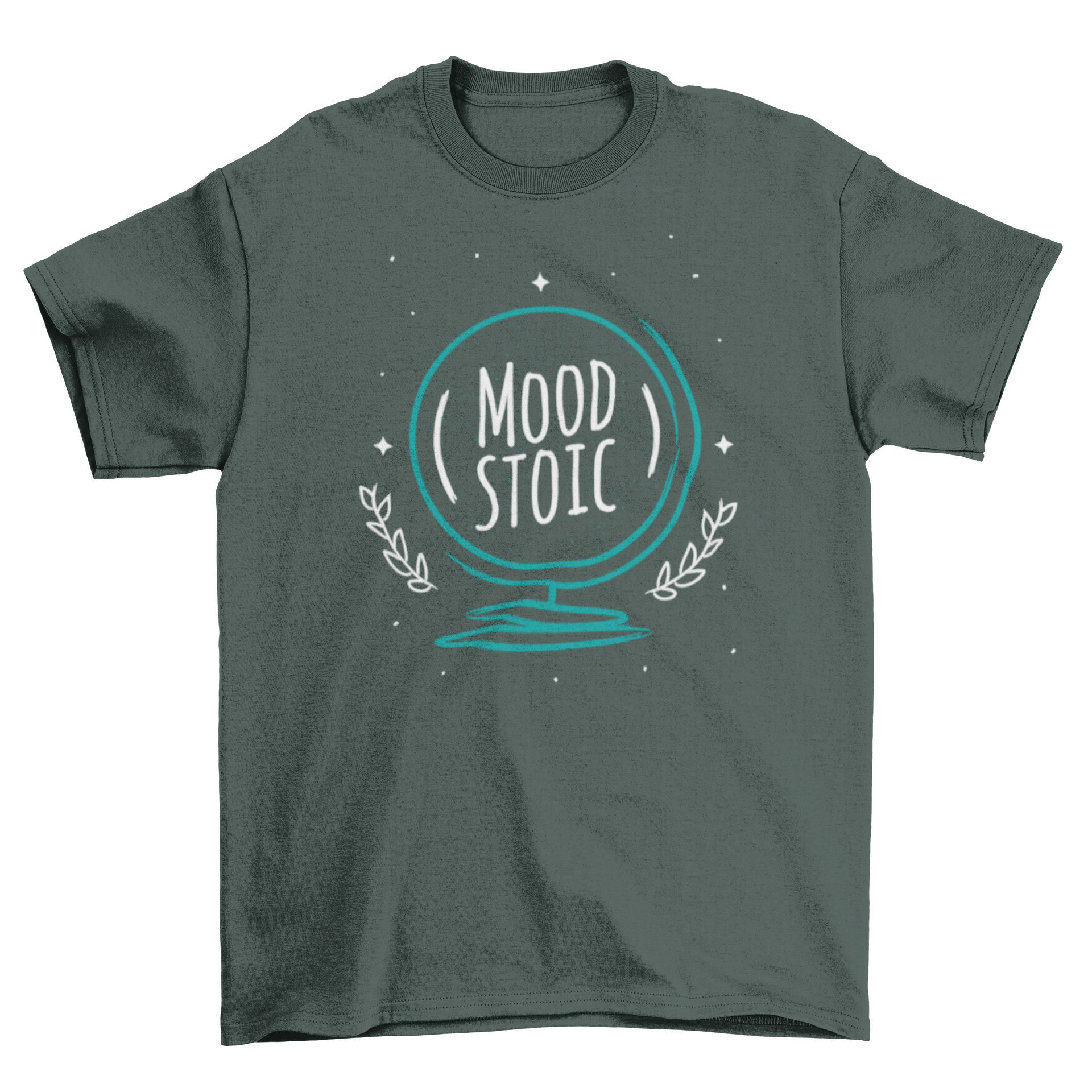 Stylish t-shirt featuring globe line art and the quote 'Mood Stoic' for a modern look.