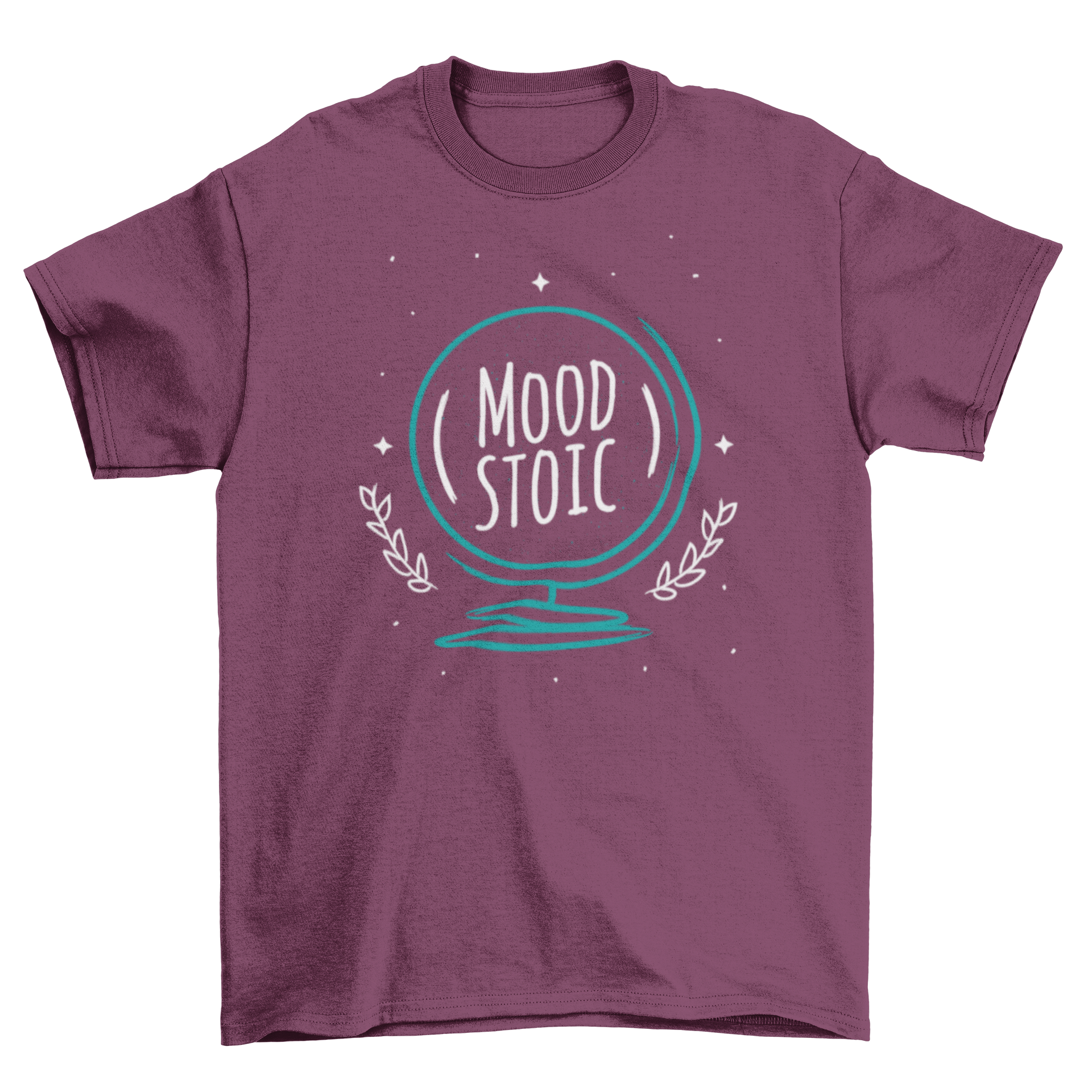 Stylish t-shirt featuring globe line art and the quote 'Mood Stoic' for a modern look.