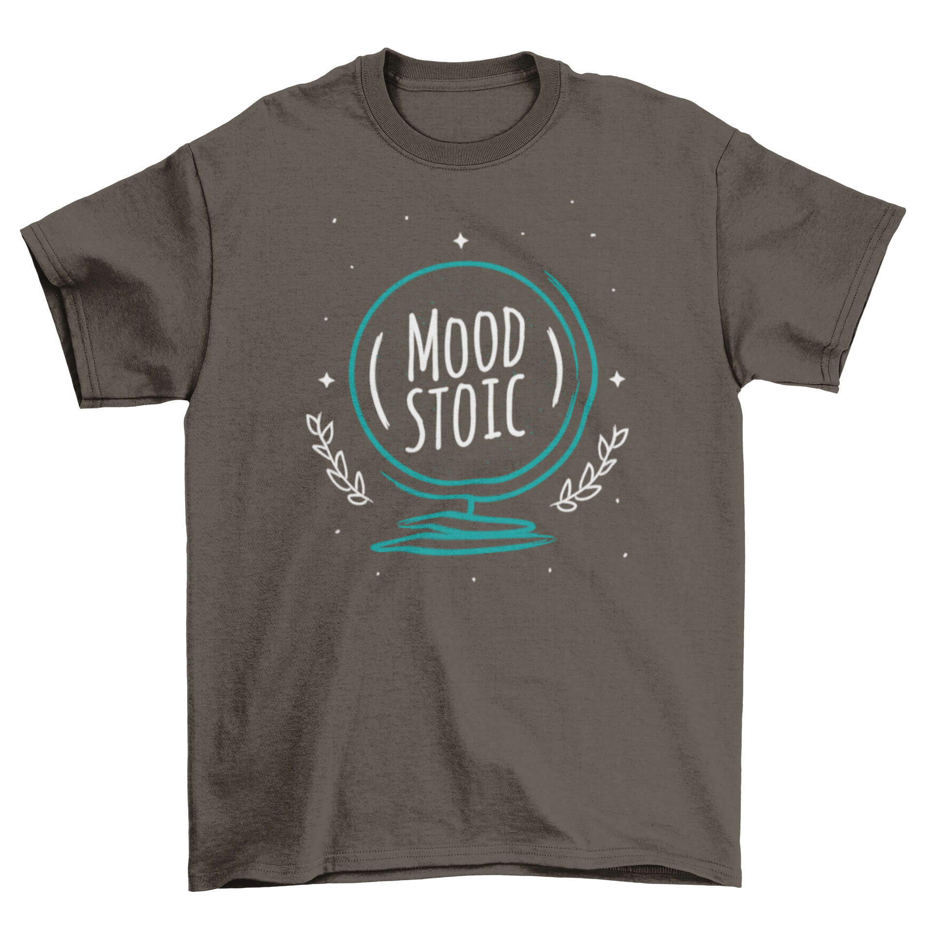 Stylish t-shirt featuring globe line art and the quote 'Mood Stoic' for a modern look.