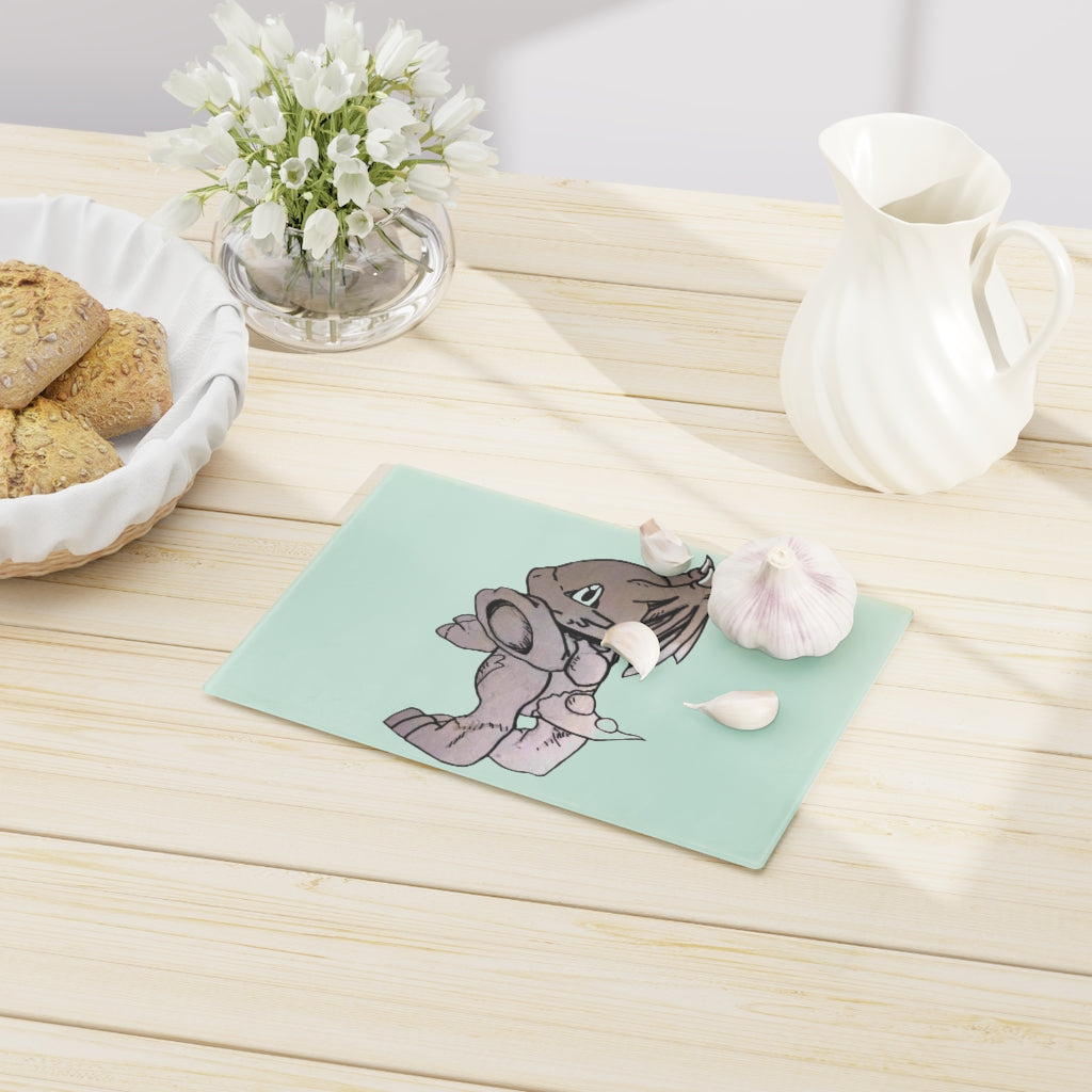 A stylish Glucose Cutting Board made of tempered glass with rubber dots for stability, showcasing a unique design suitable for any kitchen.