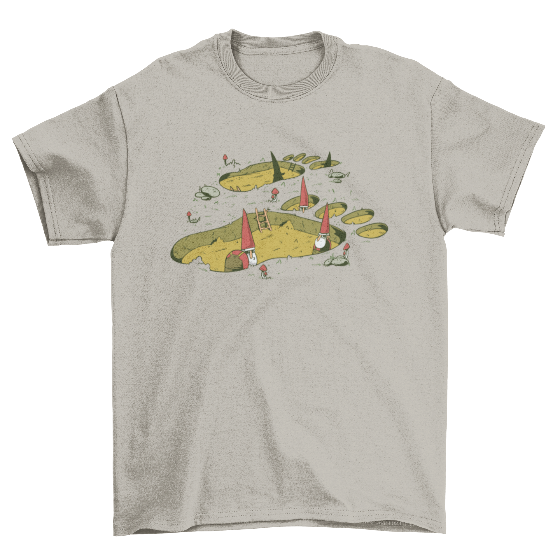 A whimsical t-shirt featuring gnomes exploring giant footprints, perfect for fantasy enthusiasts.