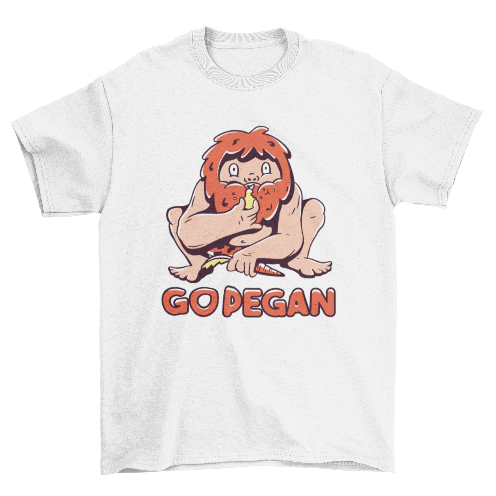 Go Pegan Caveman T-shirt featuring a cartoon caveman and the quote GO PEGAN in bold letters.
