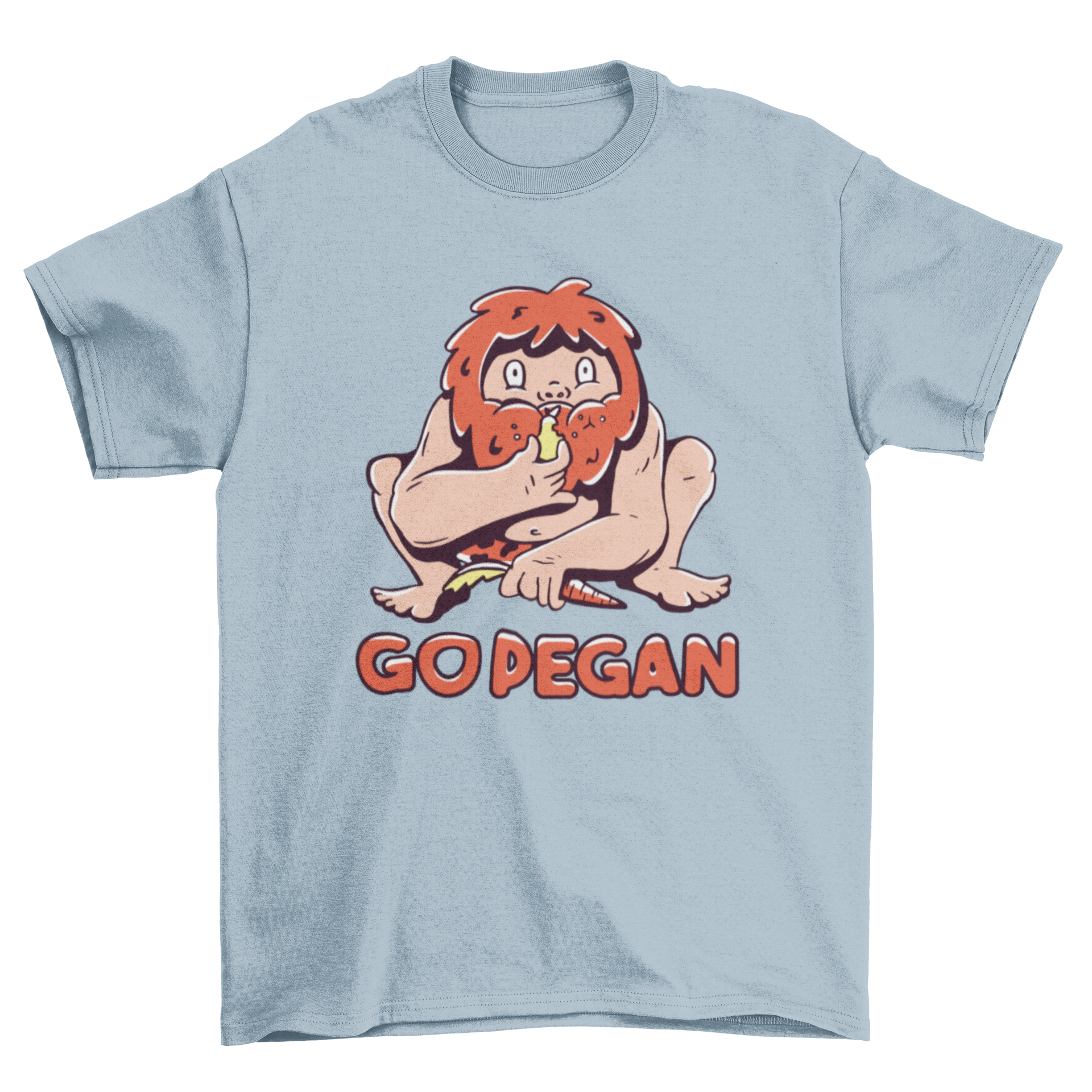 Go Pegan Caveman T-shirt featuring a cartoon caveman and the quote GO PEGAN in bold letters.