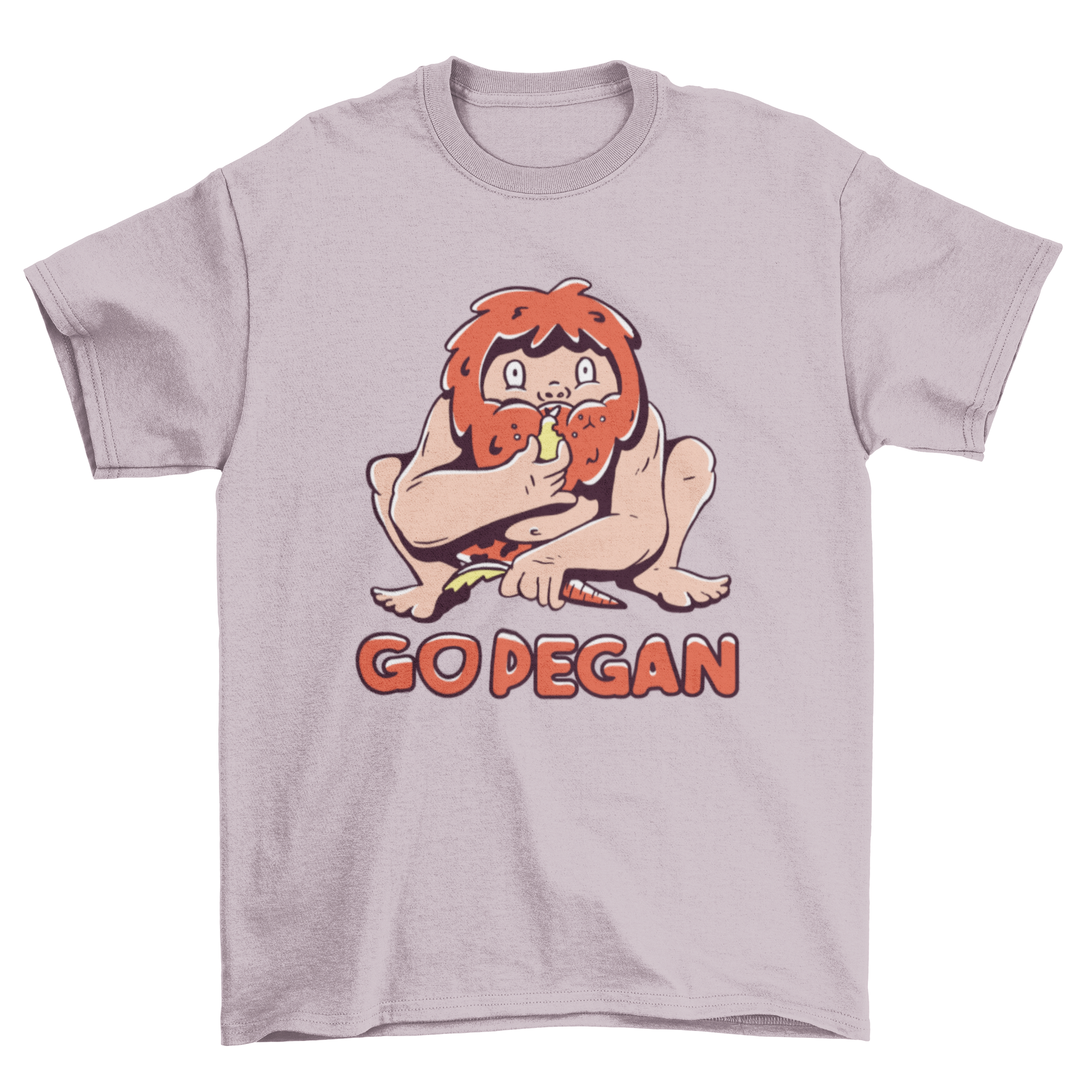 Go Pegan Caveman T-shirt featuring a cartoon caveman and the quote GO PEGAN in bold letters.