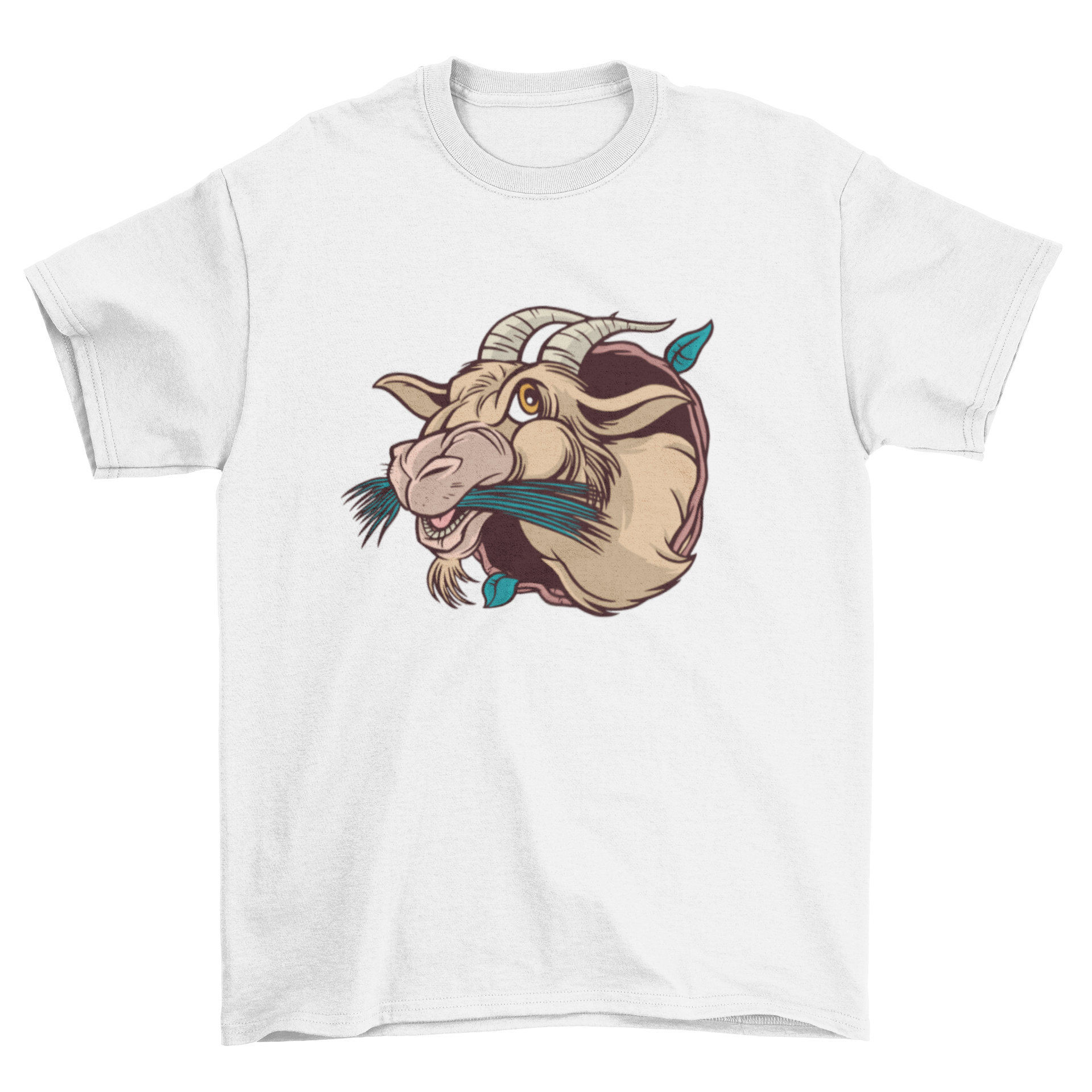 A cartoon t-shirt featuring a playful goat eating leaves, showcasing vibrant colors and a fun design.
