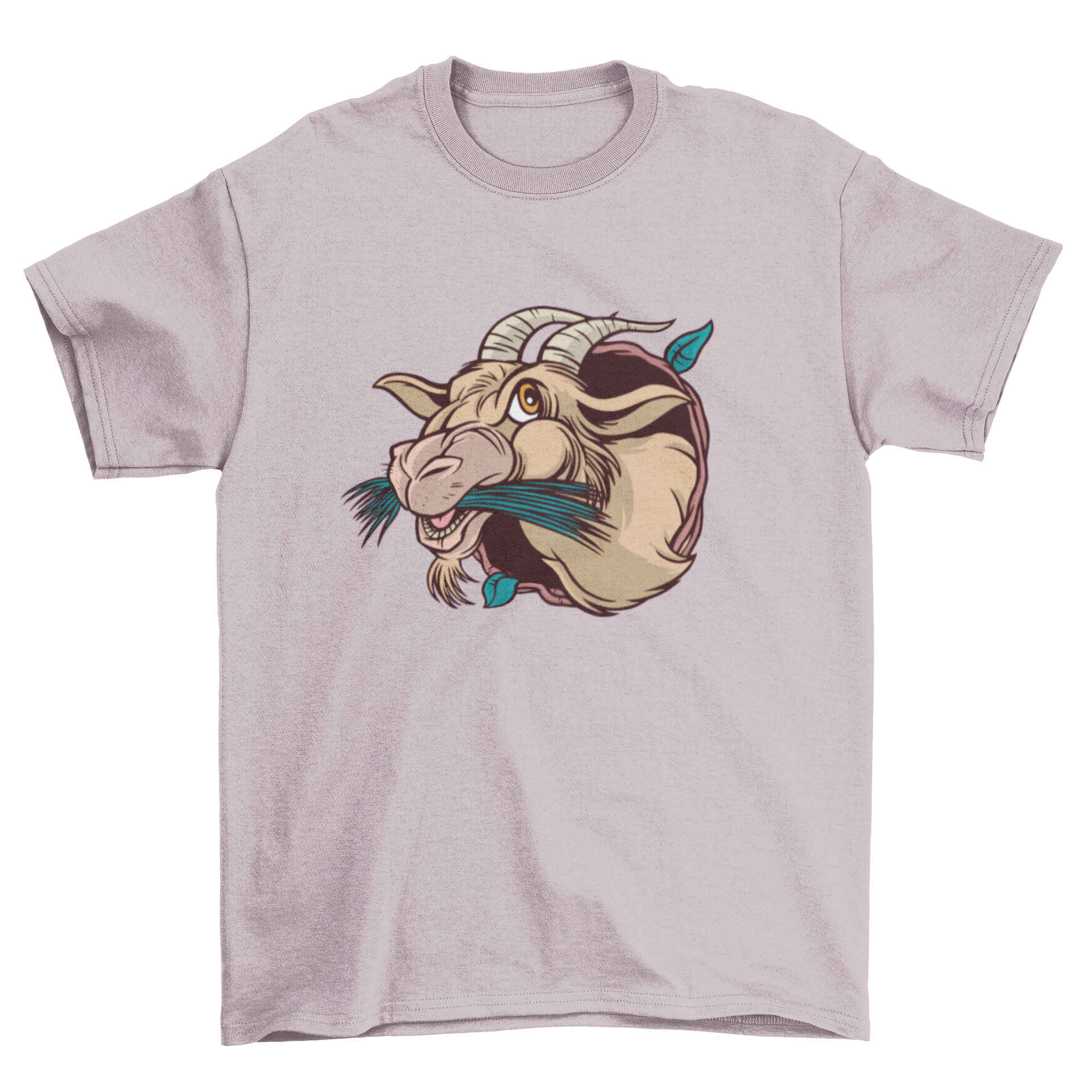 A cartoon t-shirt featuring a playful goat eating leaves, showcasing vibrant colors and a fun design.