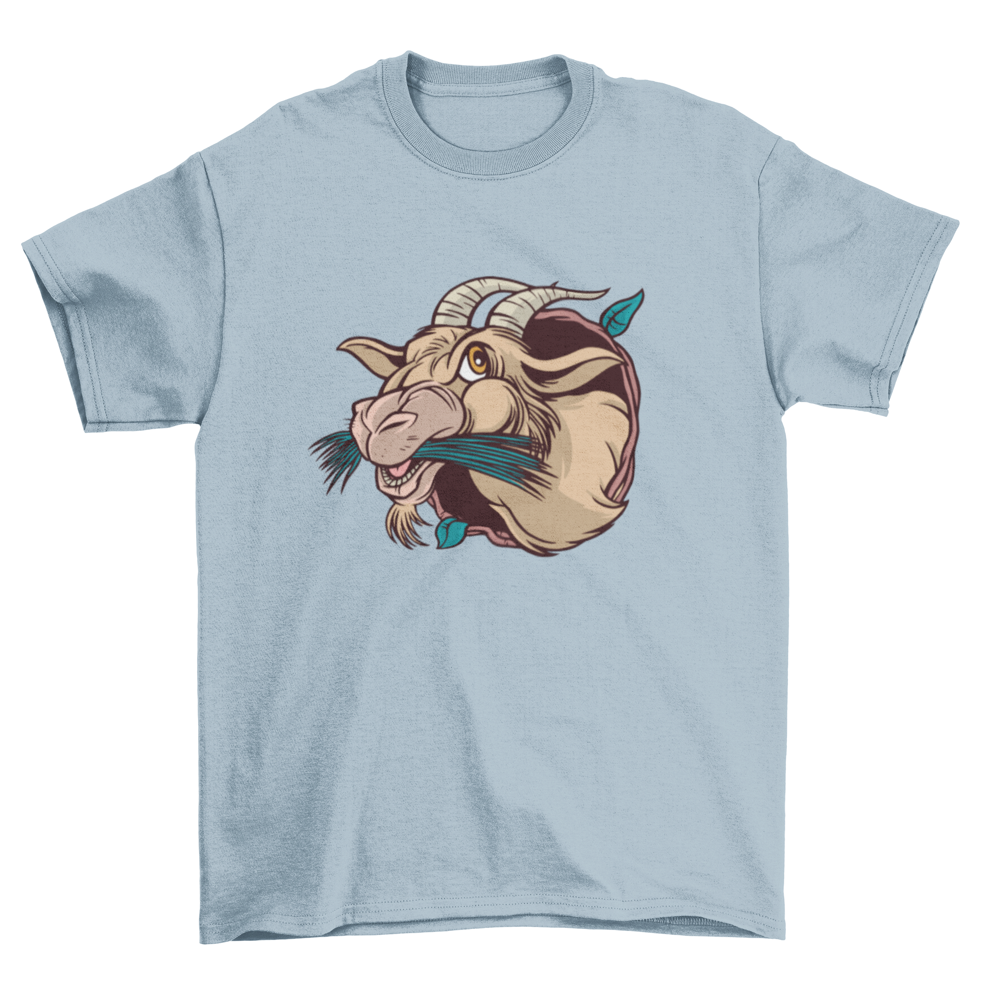 A cartoon t-shirt featuring a playful goat eating leaves, showcasing vibrant colors and a fun design.