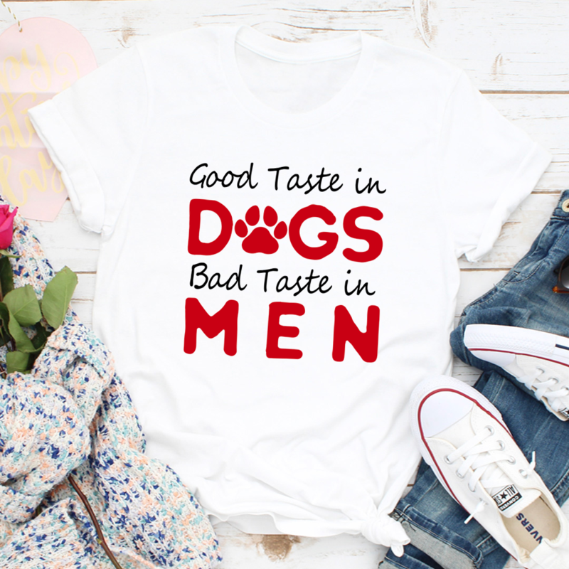 Good Taste In Dogs T-Shirt made from soft ring-spun cotton, featuring double stitching for durability, available in various sizes.