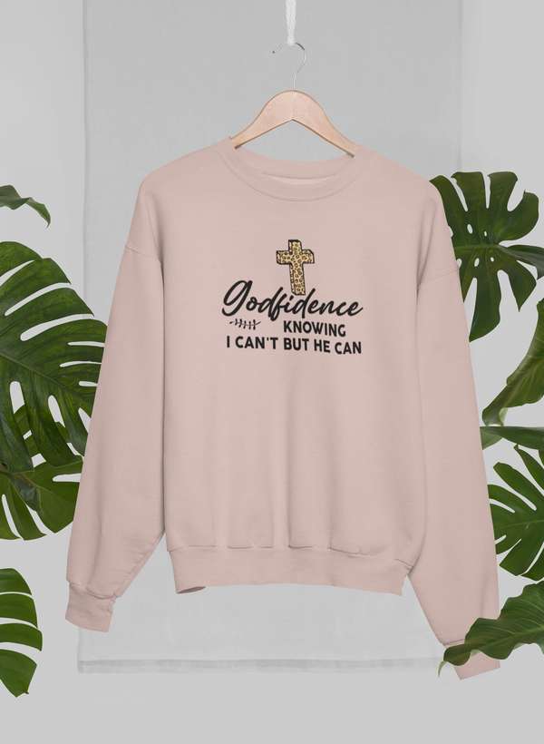 Godfidence Knowing I Can't But He Can Sweat Shirt featuring a cozy fleece design and adjustable cuffs, perfect for expressing faith and style.