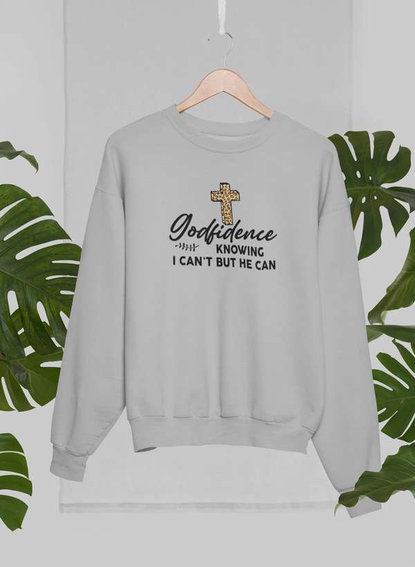 Godfidence Knowing I Can't But He Can Sweat Shirt featuring a cozy fleece design and adjustable cuffs, perfect for expressing faith and style.
