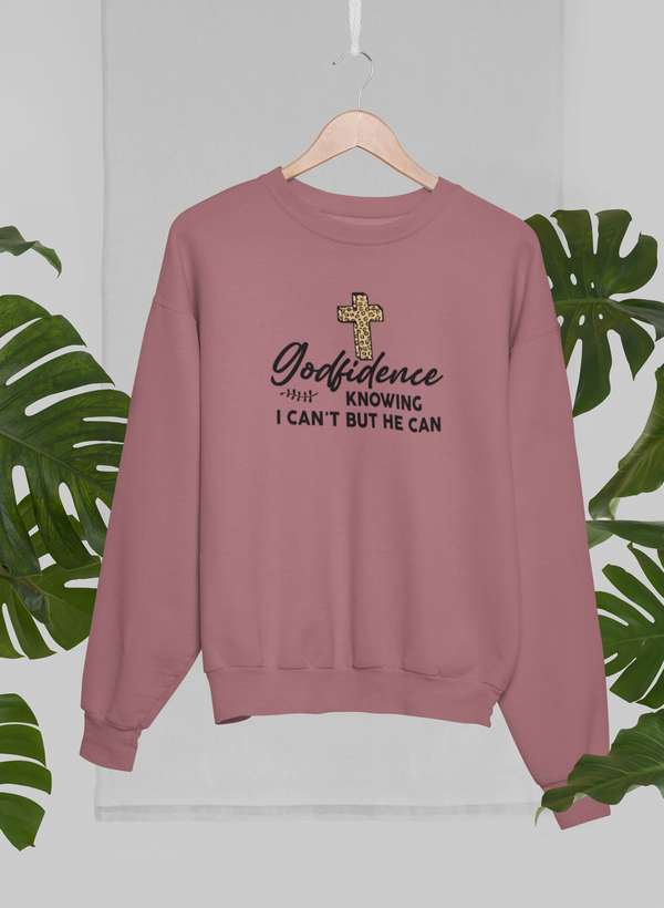 Godfidence Knowing I Can't But He Can Sweat Shirt featuring a cozy fleece design and adjustable cuffs, perfect for expressing faith and style.