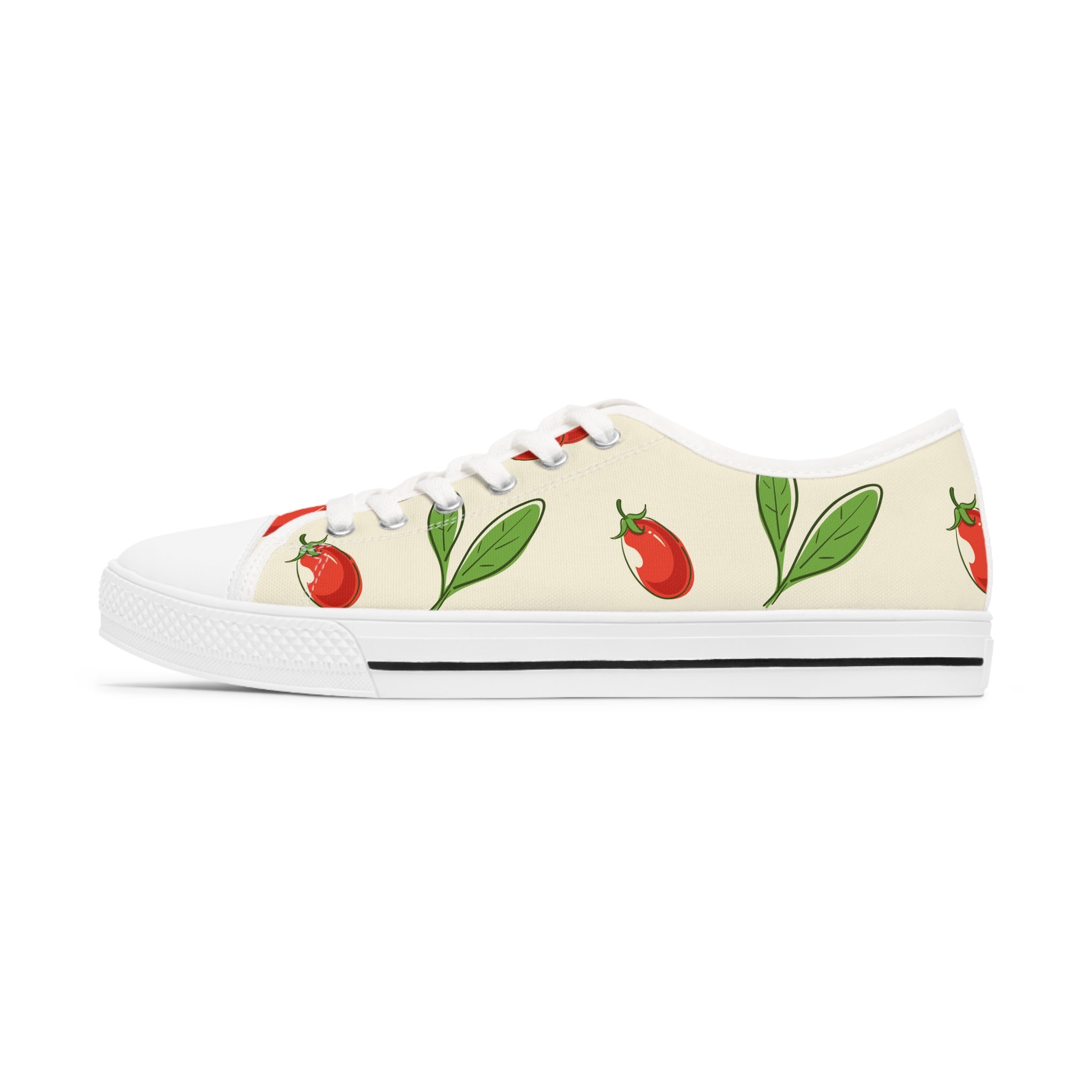 Goji Berry Women's Low Top Sneakers in black and white with silver metal eyelets and lace-up closure, showcasing breathable canvas material.