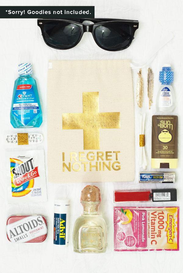 Gold Foil I Regret Nothing! Hangover Kit Bag, stylish canvas pouch with gold foil crosses, perfect for bachelorette parties.