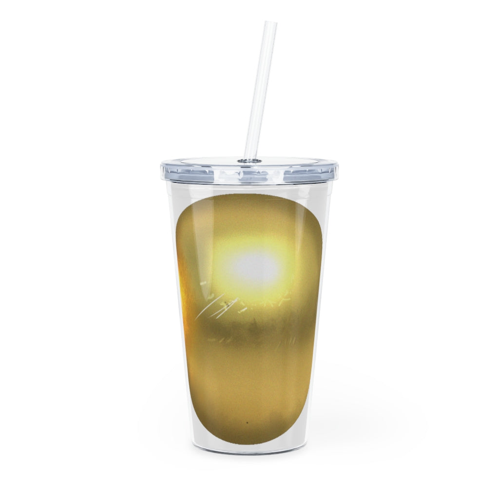 Gold Material Plastic Tumbler with Straw, featuring a stylish design and double wall insulation for temperature retention.