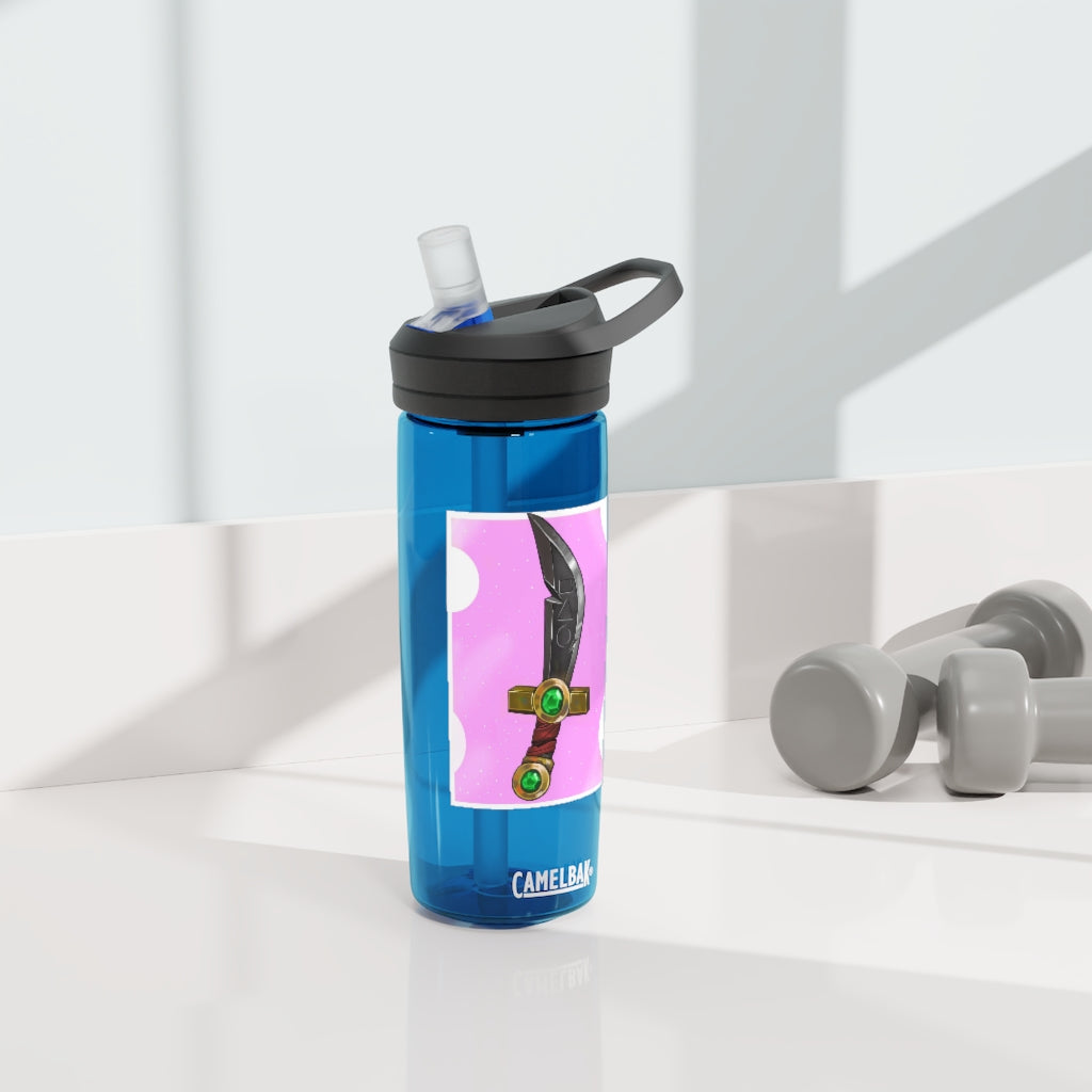 Gold Sword CamelBak Eddy® Water Bottle in 20oz and 25oz sizes, showcasing its robust design and easy-carry handle.