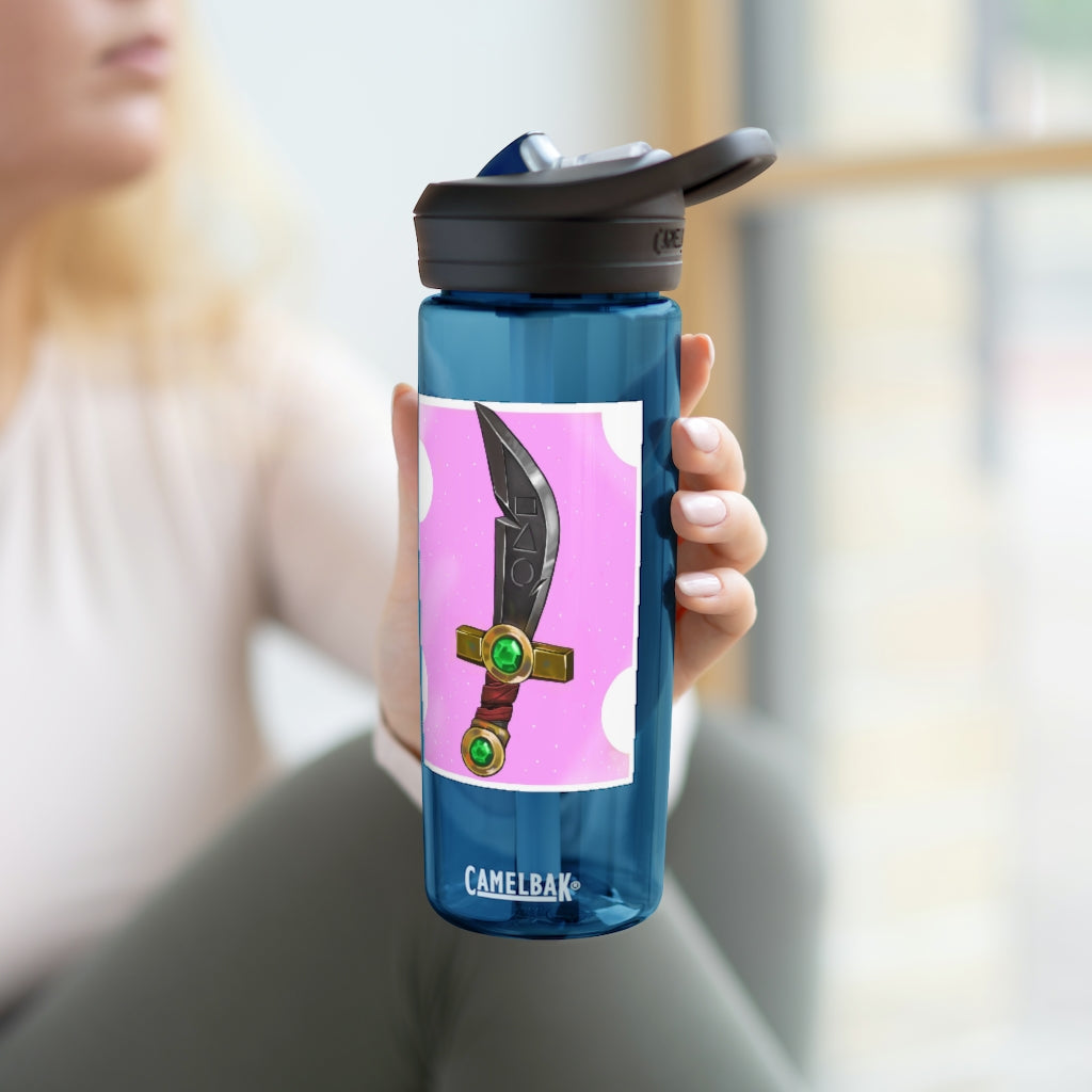 Gold Sword CamelBak Eddy® Water Bottle in 20oz and 25oz sizes, showcasing its robust design and easy-carry handle.