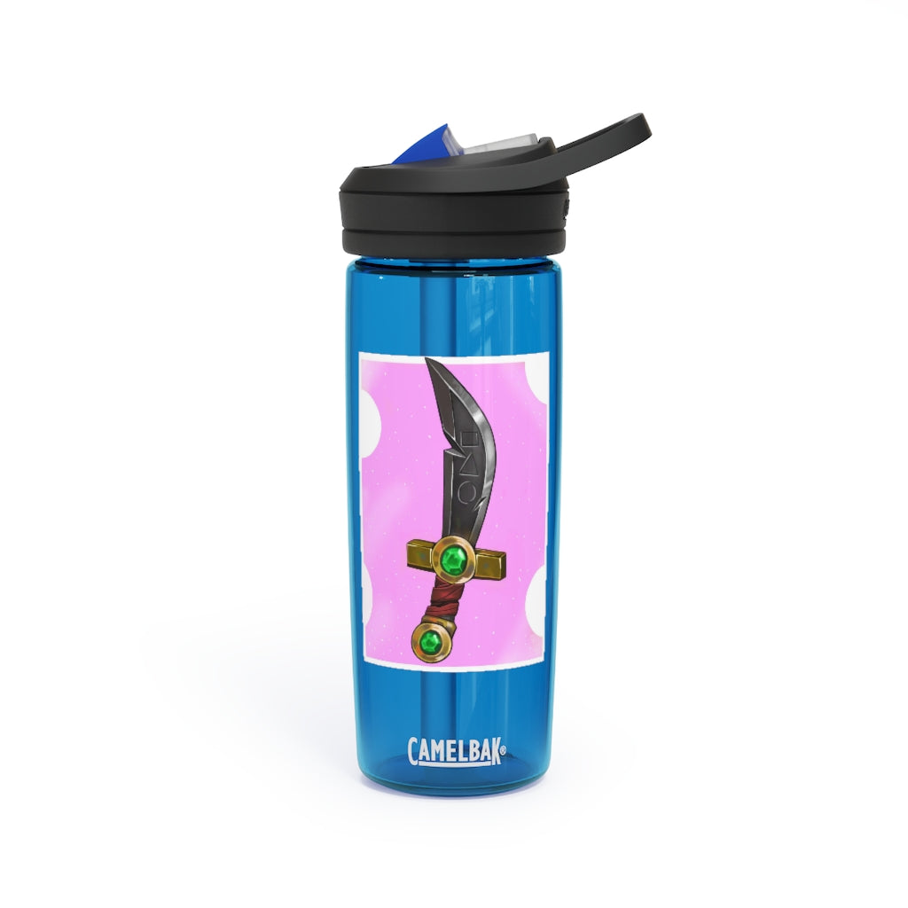 Gold Sword CamelBak Eddy® Water Bottle in 20oz and 25oz sizes, showcasing its robust design and easy-carry handle.