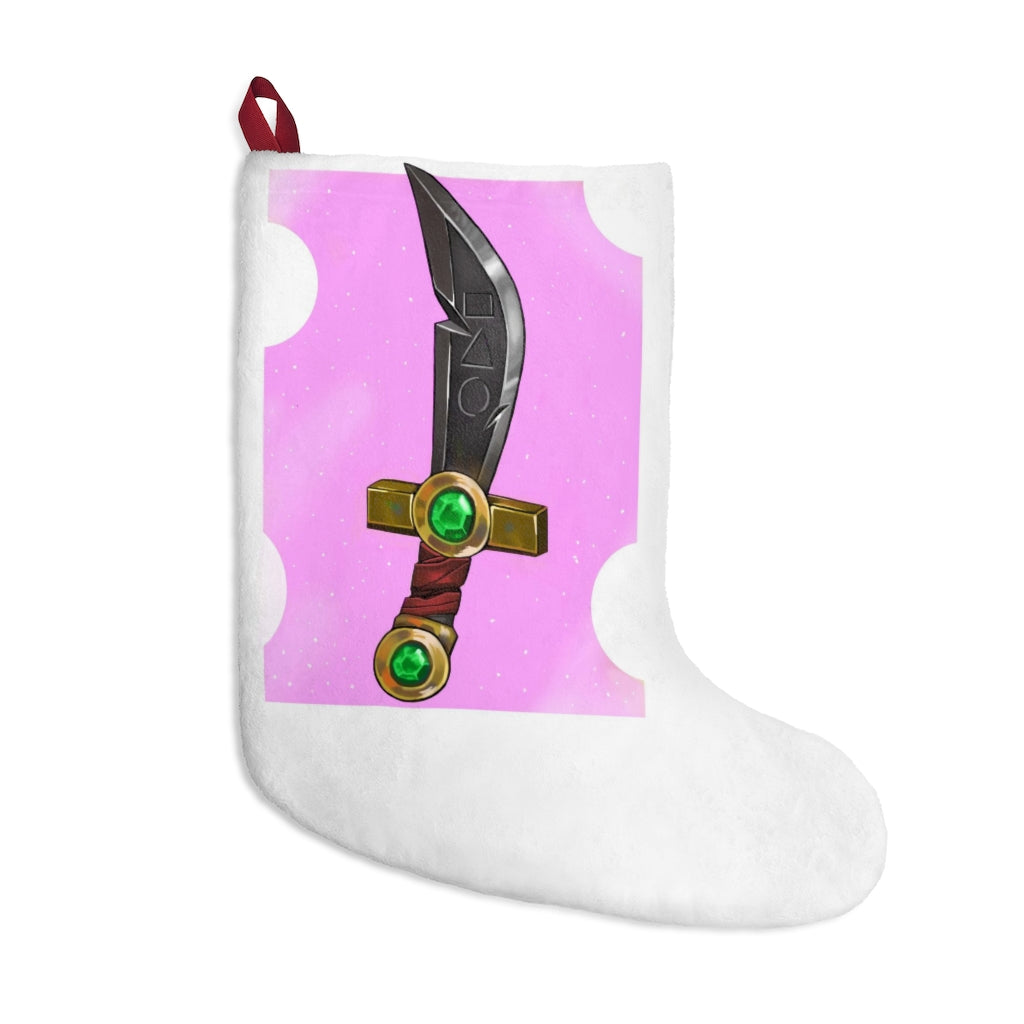 Gold Sword Christmas Stockings hanging by a fireplace, featuring custom prints and a twill ribbon loop.
