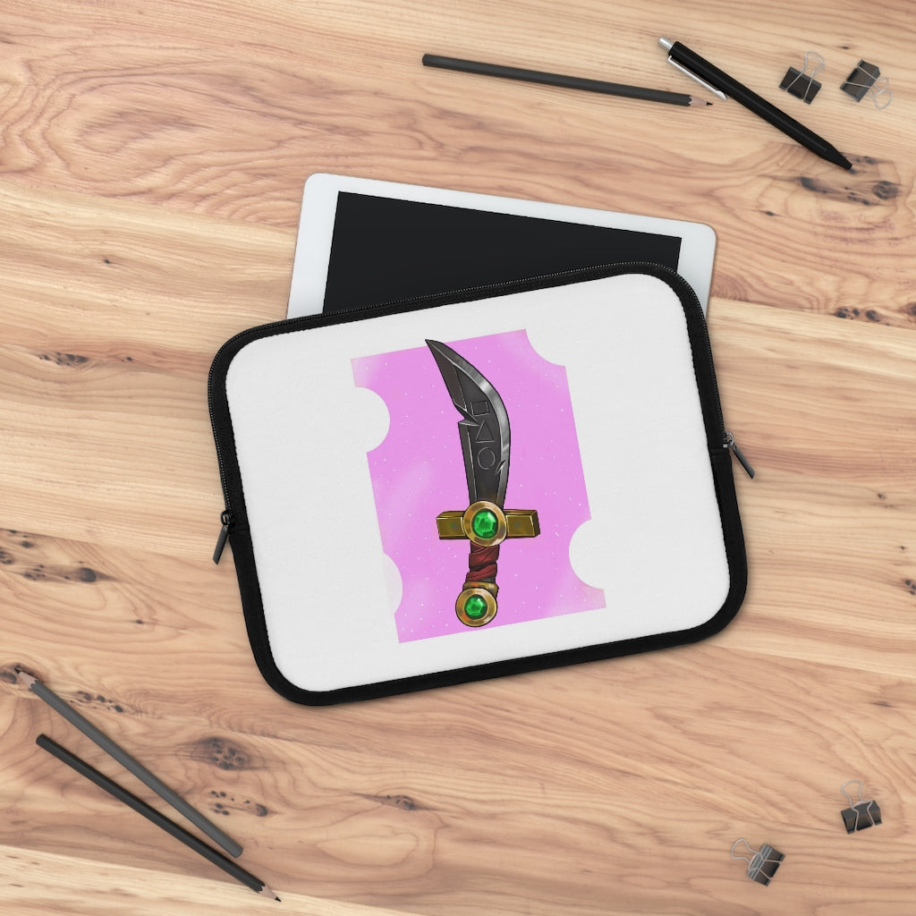 Gold Sword Laptop Sleeve featuring a customizable front design and solid black back, made from smooth neoprene material.