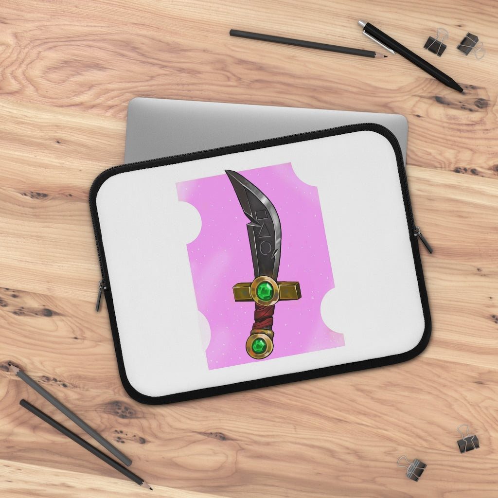 Gold Sword Laptop Sleeve featuring a customizable front design and solid black back, made from smooth neoprene material.