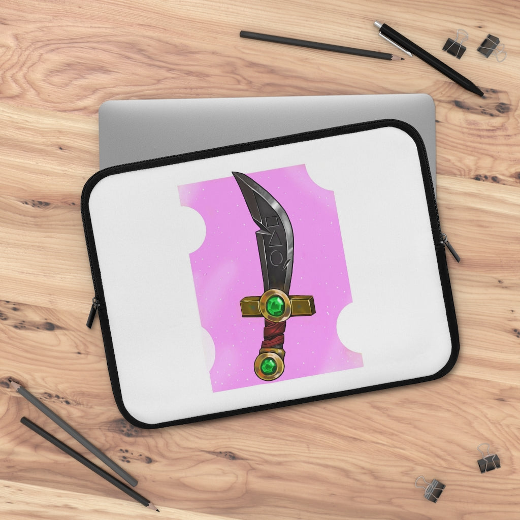 Gold Sword Laptop Sleeve featuring a customizable front design and solid black back, made from smooth neoprene material.