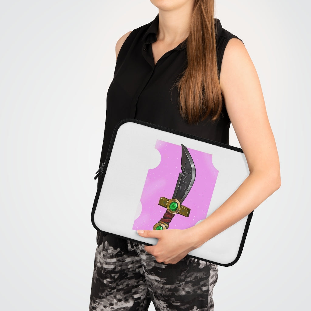 Gold Sword Laptop Sleeve featuring a customizable front design and solid black back, made from smooth neoprene material.