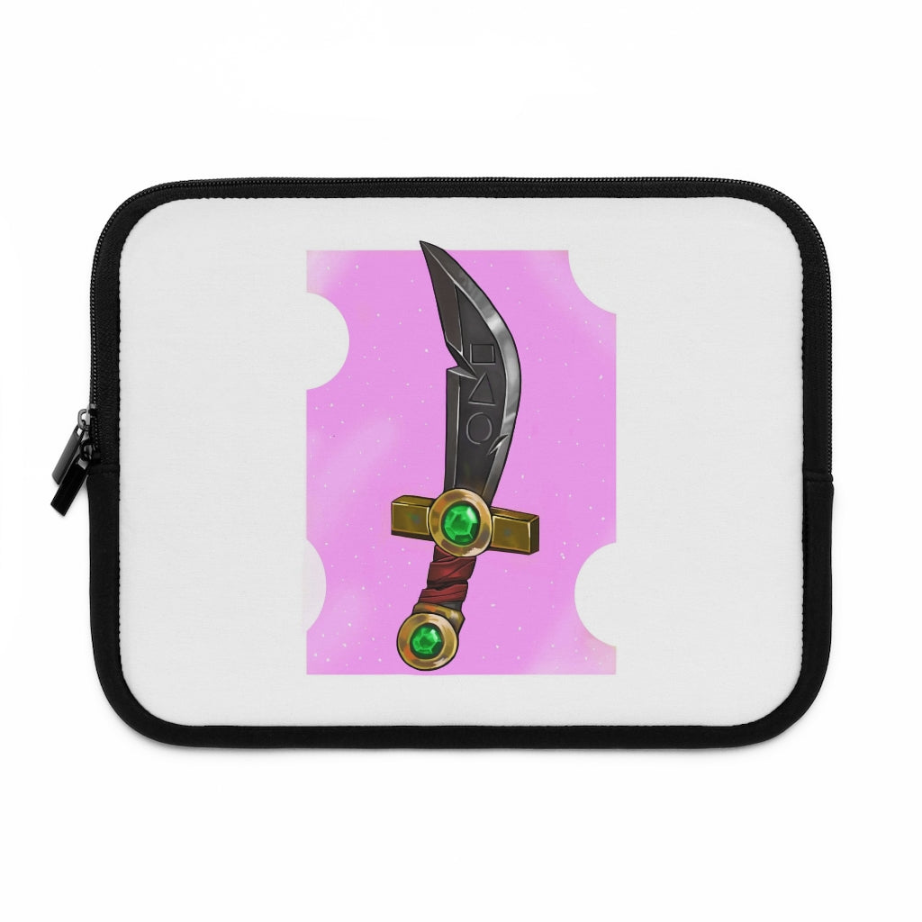 Gold Sword Laptop Sleeve featuring a customizable front design and solid black back, made from smooth neoprene material.