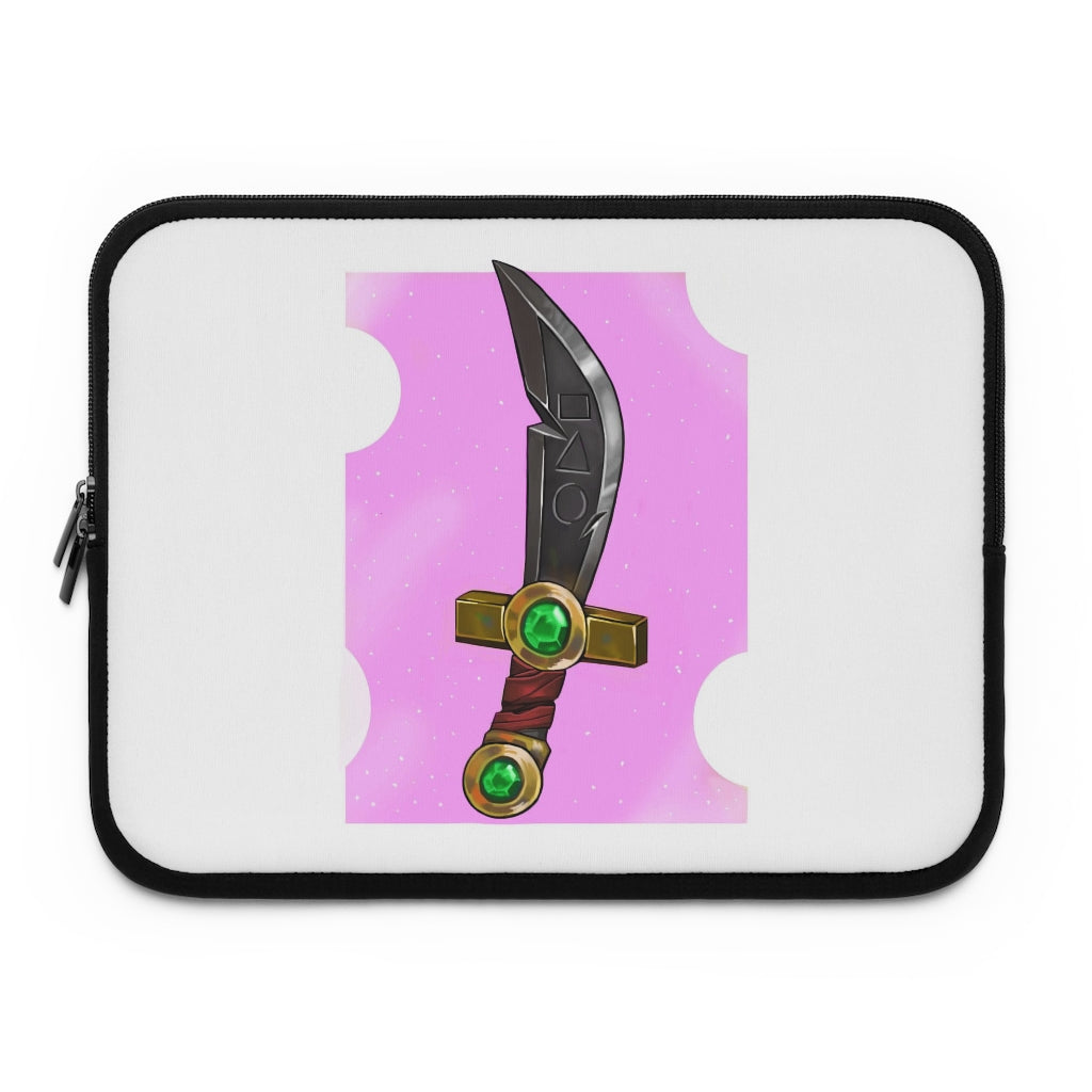 Gold Sword Laptop Sleeve featuring a customizable front design and solid black back, made from smooth neoprene material.