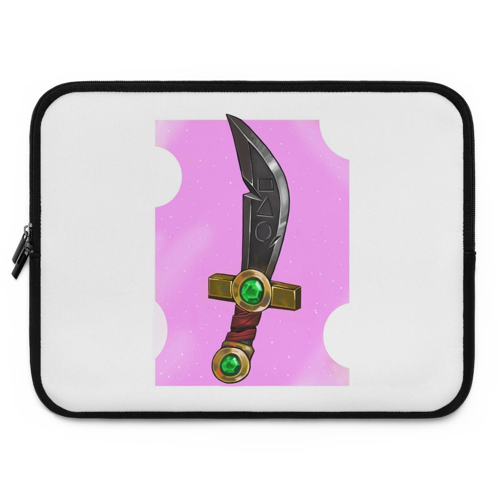 Gold Sword Laptop Sleeve featuring a customizable front design and solid black back, made from smooth neoprene material.