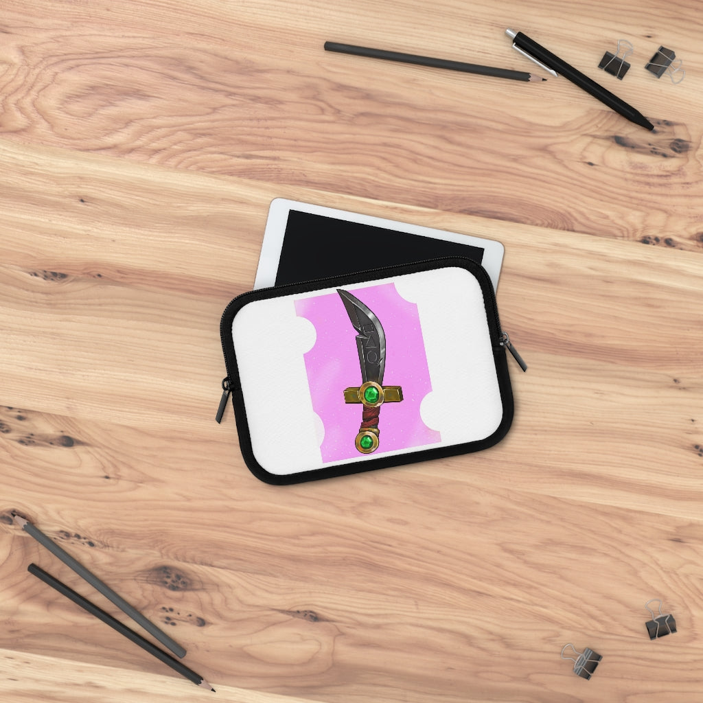 Gold Sword Laptop Sleeve featuring a customizable front design and solid black back, made from smooth neoprene material.