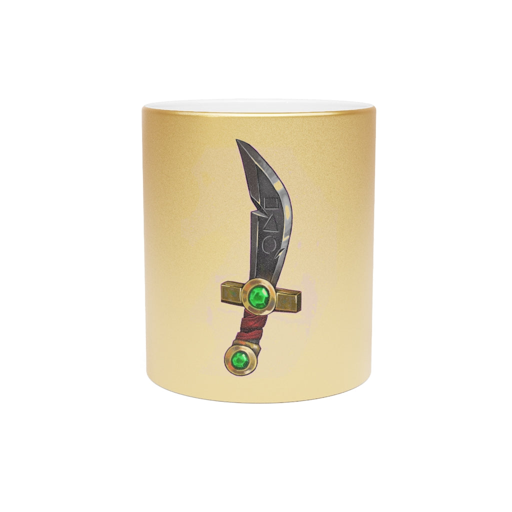 Gold Sword Metallic Mug featuring a shiny gold and silver finish, perfect for personalized designs.