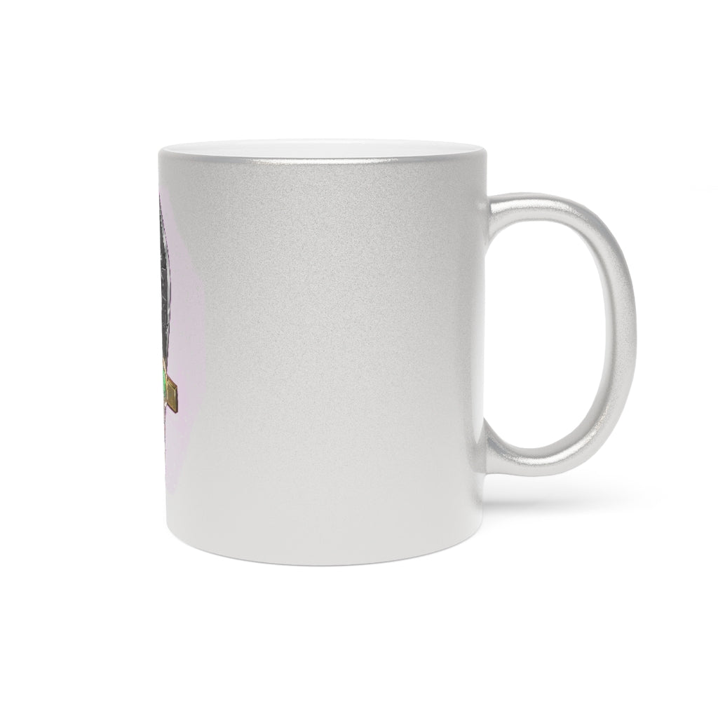 Gold Sword Metallic Mug featuring a shiny gold and silver finish, perfect for personalized designs.