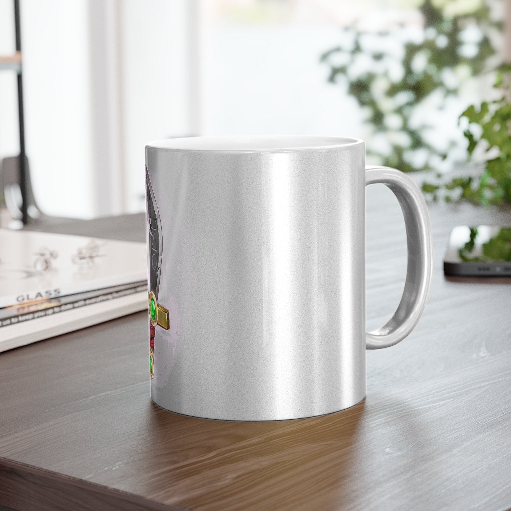 Gold Sword Metallic Mug featuring a shiny gold and silver finish, perfect for personalized designs.