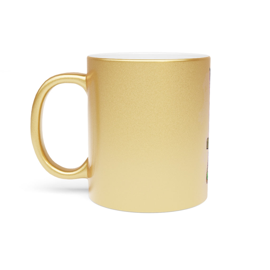 Gold Sword Metallic Mug featuring a shiny gold and silver finish, perfect for personalized designs.