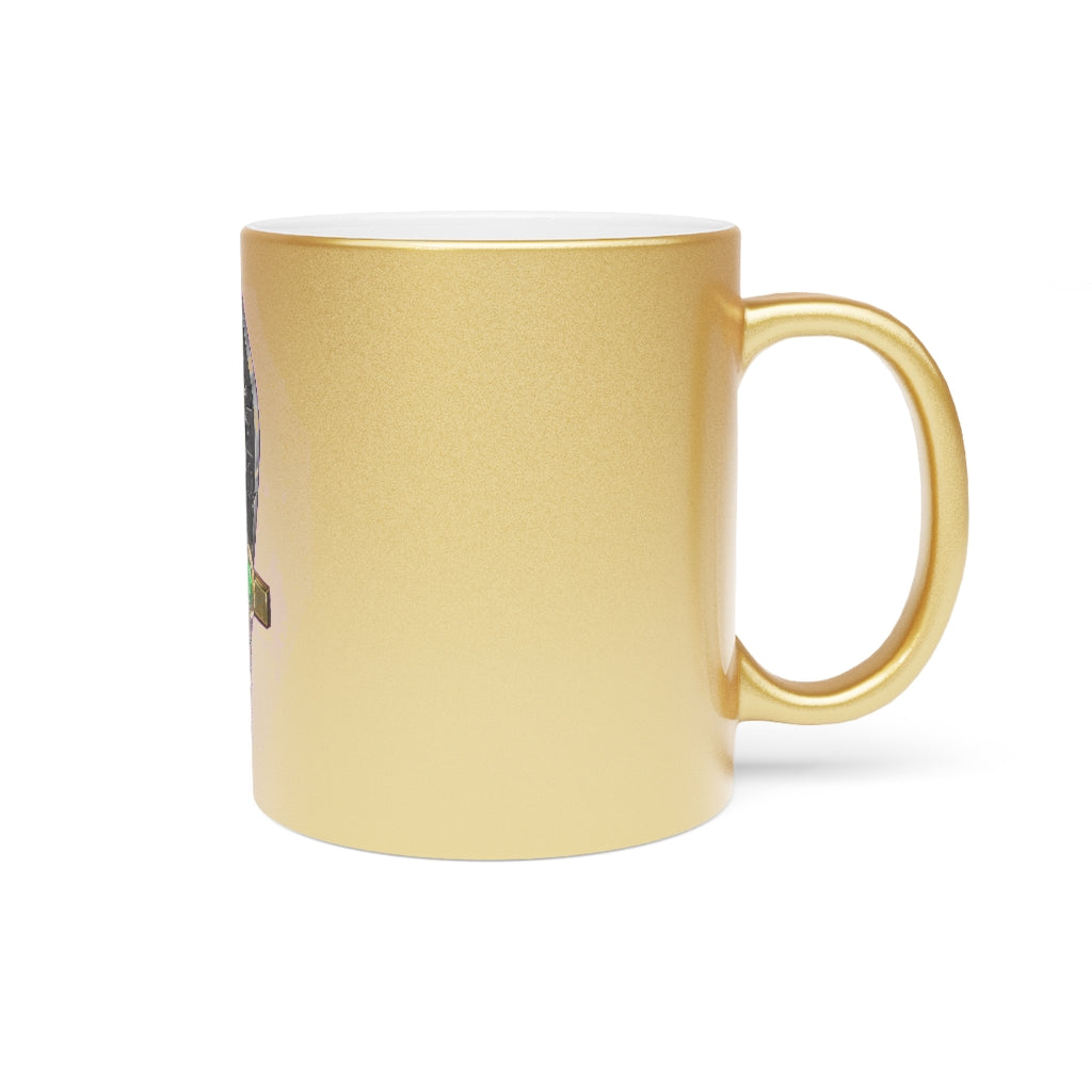 Gold Sword Metallic Mug featuring a shiny gold and silver finish, perfect for personalized designs.