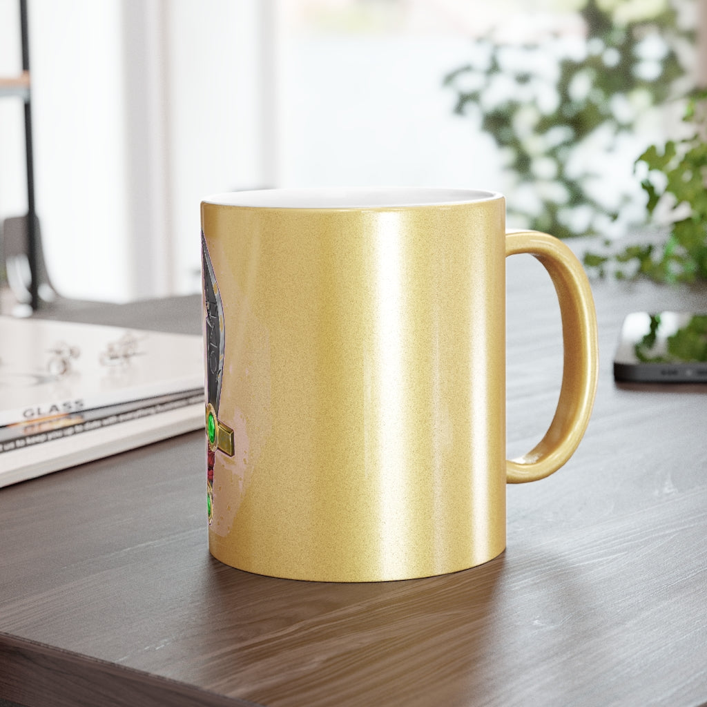 Gold Sword Metallic Mug featuring a shiny gold and silver finish, perfect for personalized designs.