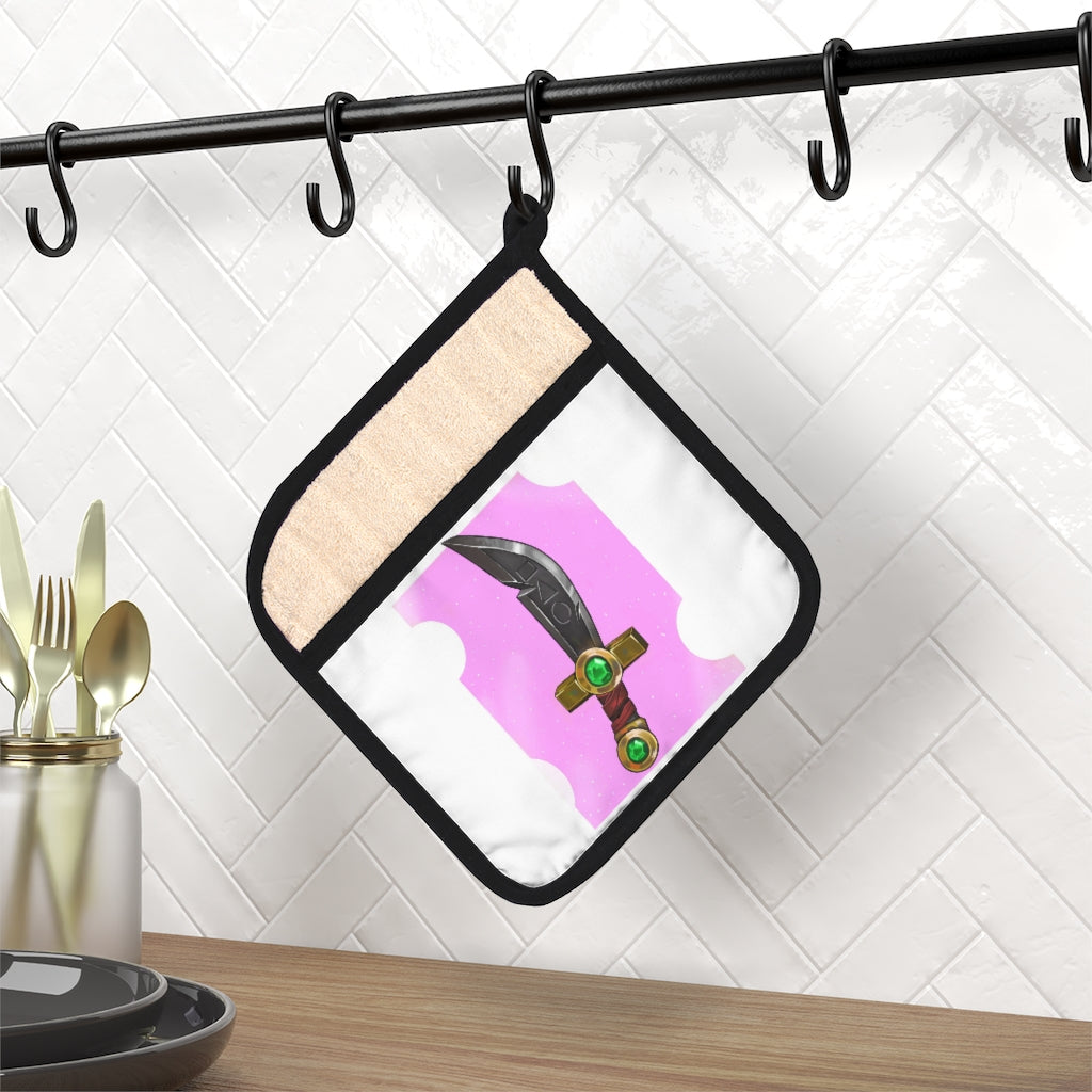 Gold Sword Pot Holder with Pocket, stylish kitchen accessory, heat resistant, featuring a black cotton hanging loop.