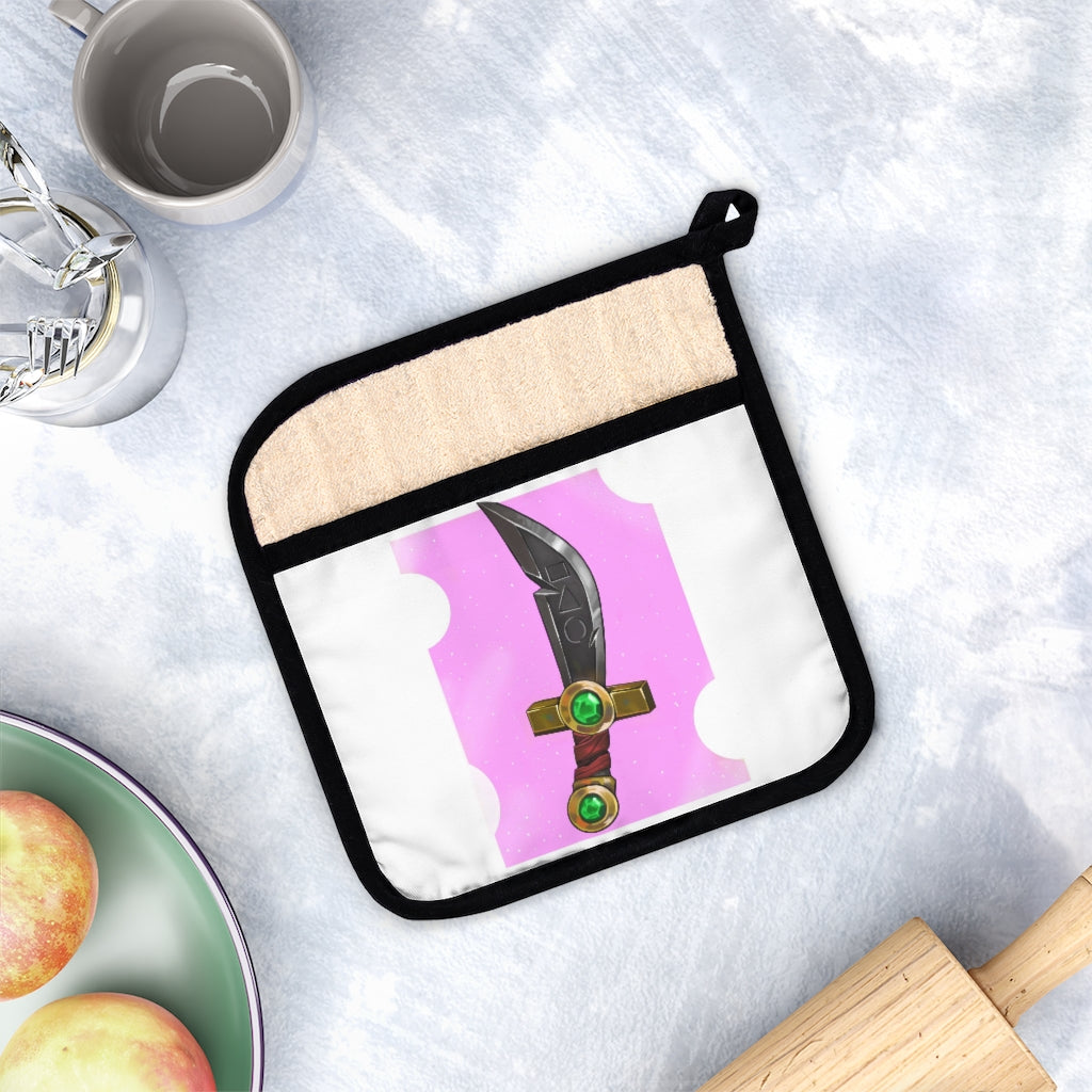 Gold Sword Pot Holder with Pocket, stylish kitchen accessory, heat resistant, featuring a black cotton hanging loop.