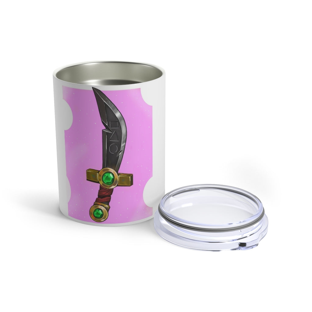 Gold Sword Tumbler 10oz made of stainless steel with a see-thru plastic lid, featuring a stylish gold sword design.