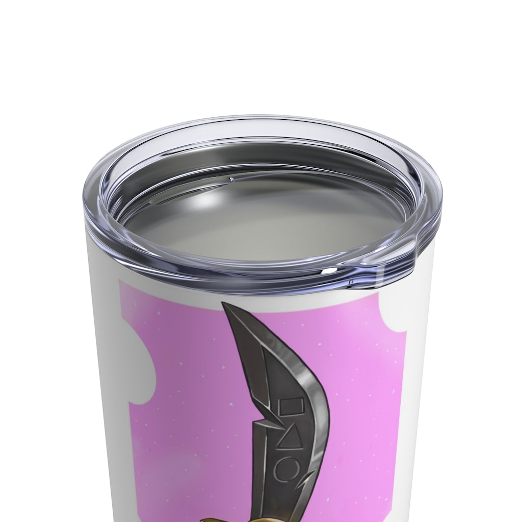 Gold Sword Tumbler 10oz made of stainless steel with a see-thru plastic lid, featuring a stylish gold sword design.