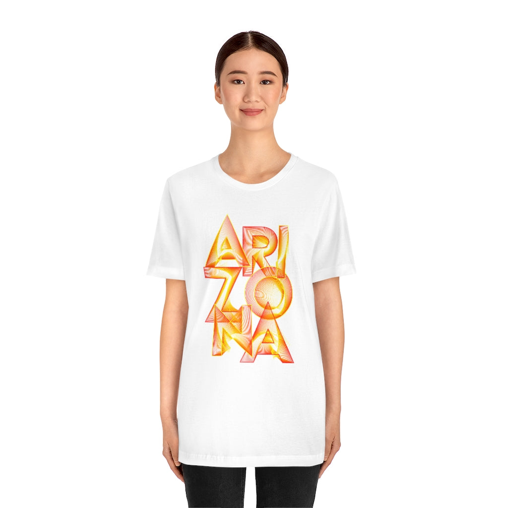 Golden Arizona Souvenir T-Shirt featuring a vibrant vinyl print on soft cotton fabric, designed for unisex wear.
