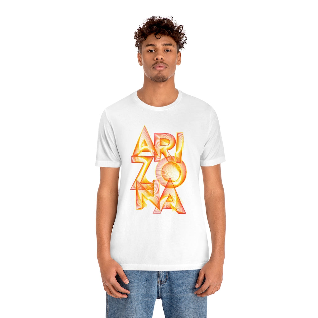 Golden Arizona Souvenir T-Shirt featuring a vibrant vinyl print on soft cotton fabric, designed for unisex wear.