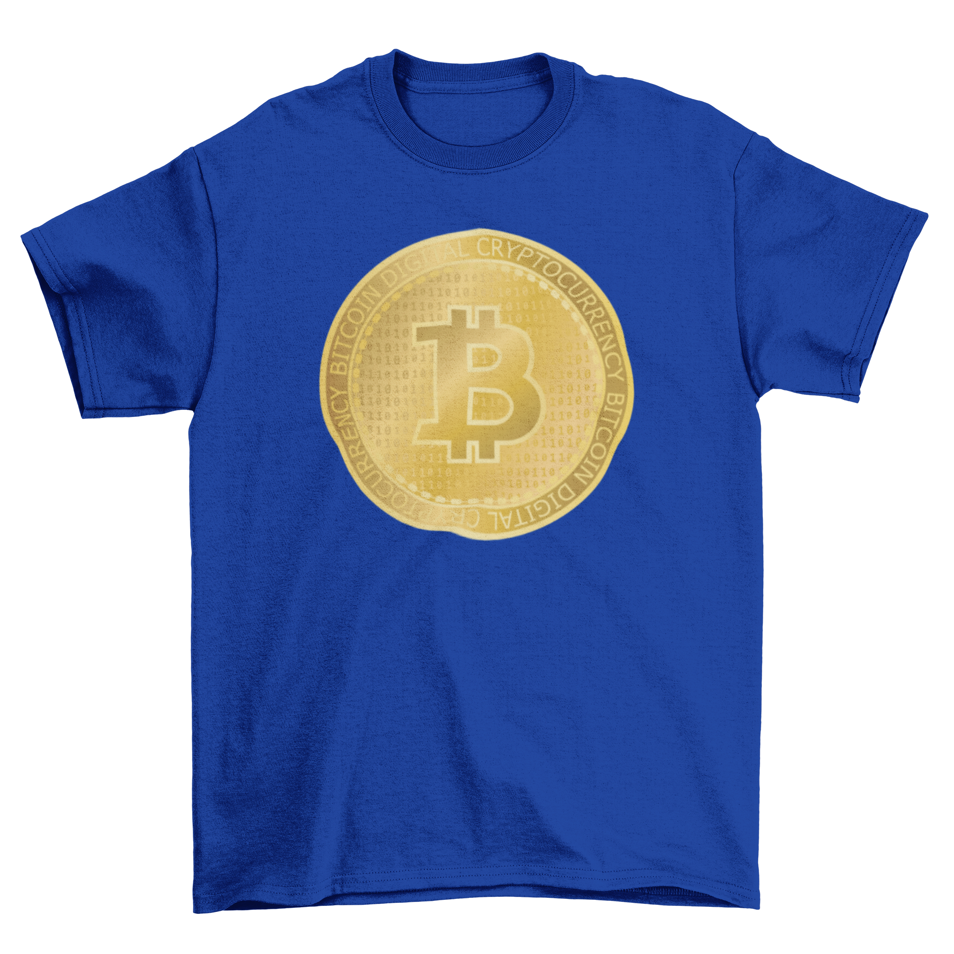 Golden bitcoin t-shirt featuring a prominent bitcoin logo design on a stylish fabric.