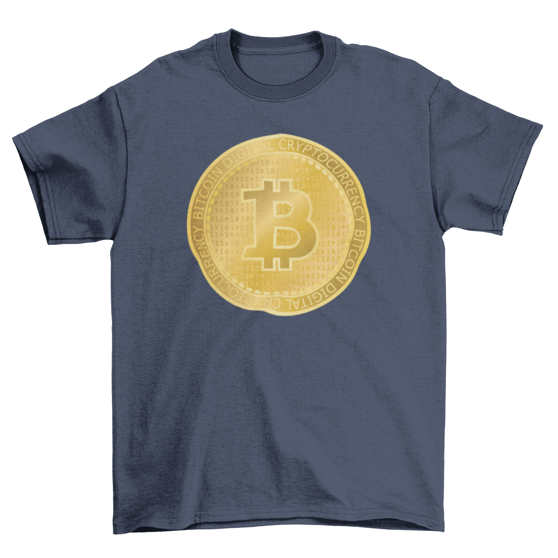 Golden bitcoin t-shirt featuring a prominent bitcoin logo design on a stylish fabric.
