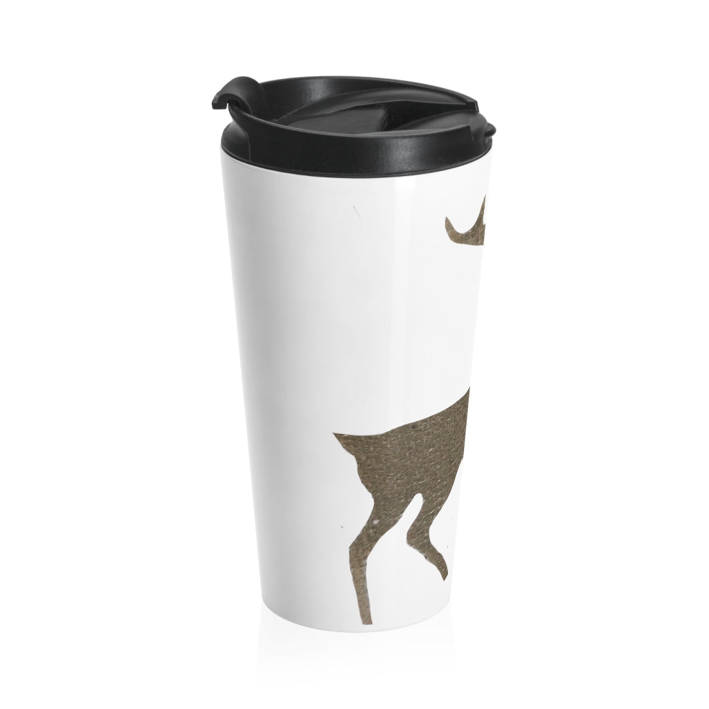 Golden Deer Stainless Steel Travel Mug with black lid, showcasing its sleek design and vibrant sublimation print.
