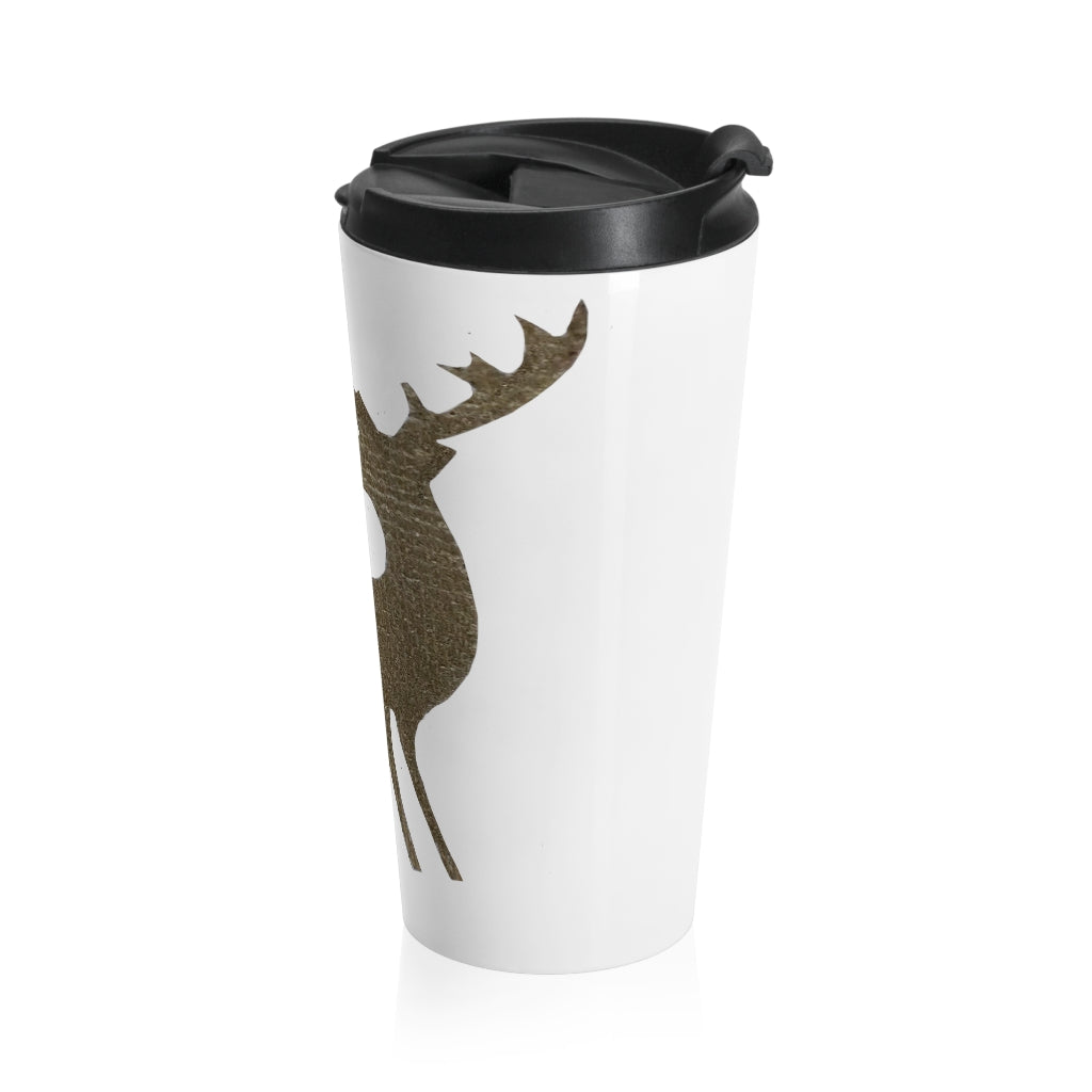 Golden Deer Stainless Steel Travel Mug with black lid, showcasing its sleek design and vibrant sublimation print.