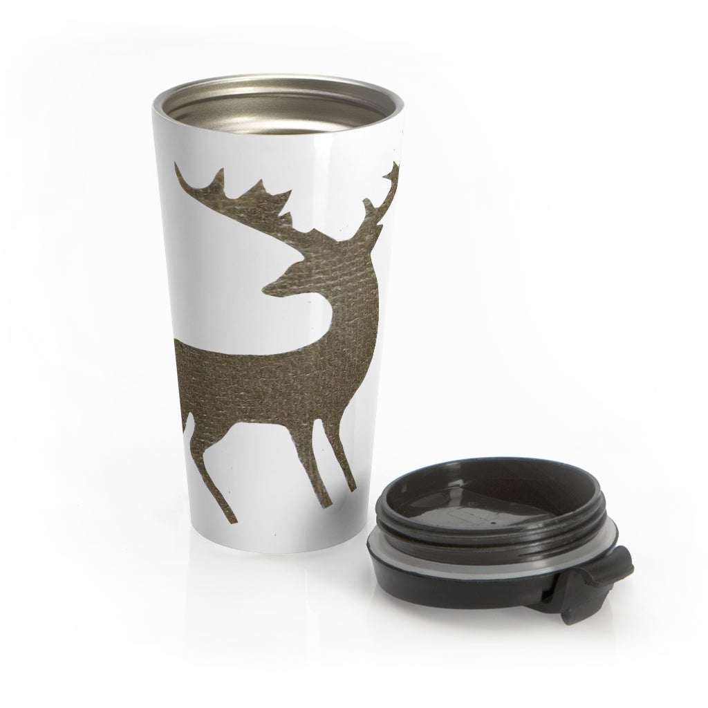 Golden Deer Stainless Steel Travel Mug with black lid, showcasing its sleek design and vibrant sublimation print.
