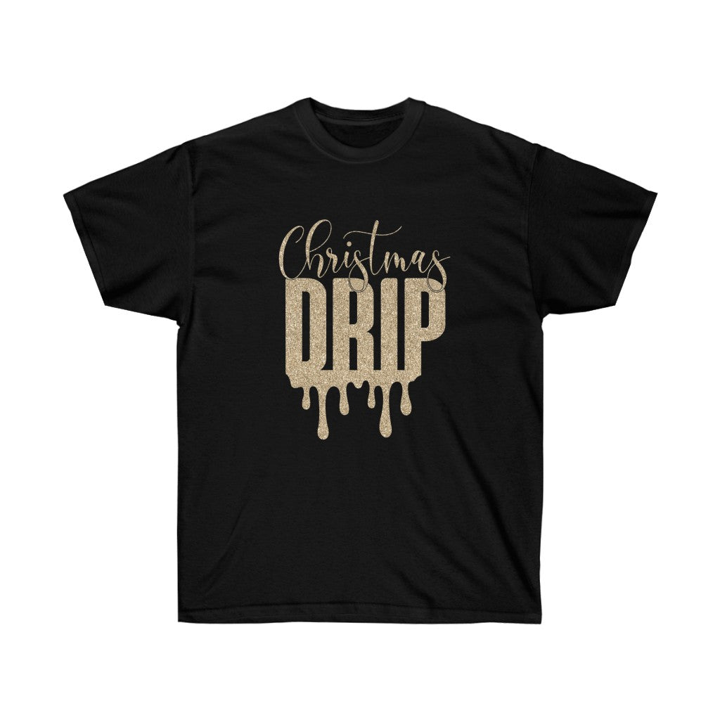 Golden Dripping Christmas Drip T-shirt featuring a stylish golden drip design, perfect for holiday celebrations.