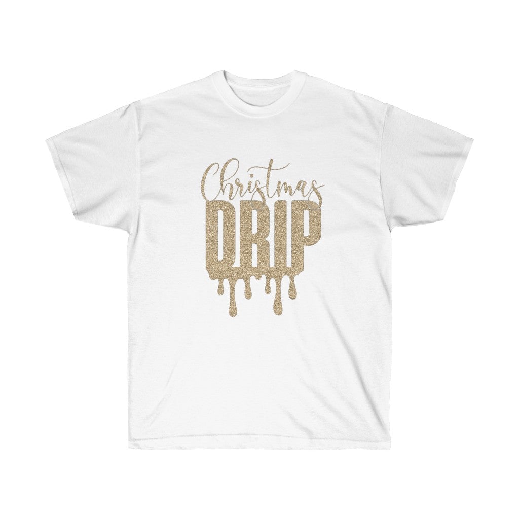 Golden Dripping Christmas Drip T-shirt featuring a stylish golden drip design, perfect for holiday celebrations.